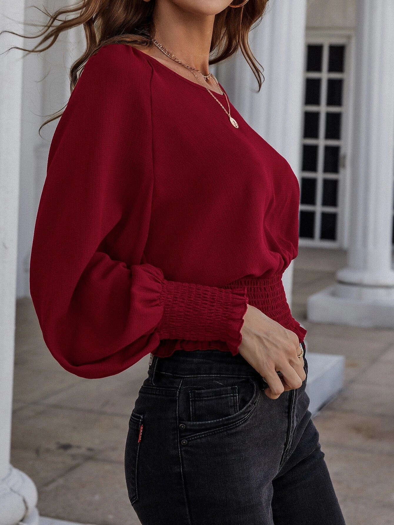  | SHEIN Clasi Solid Bishop Sleeve Shirred Blouse | Blouse | Shein | OneHub