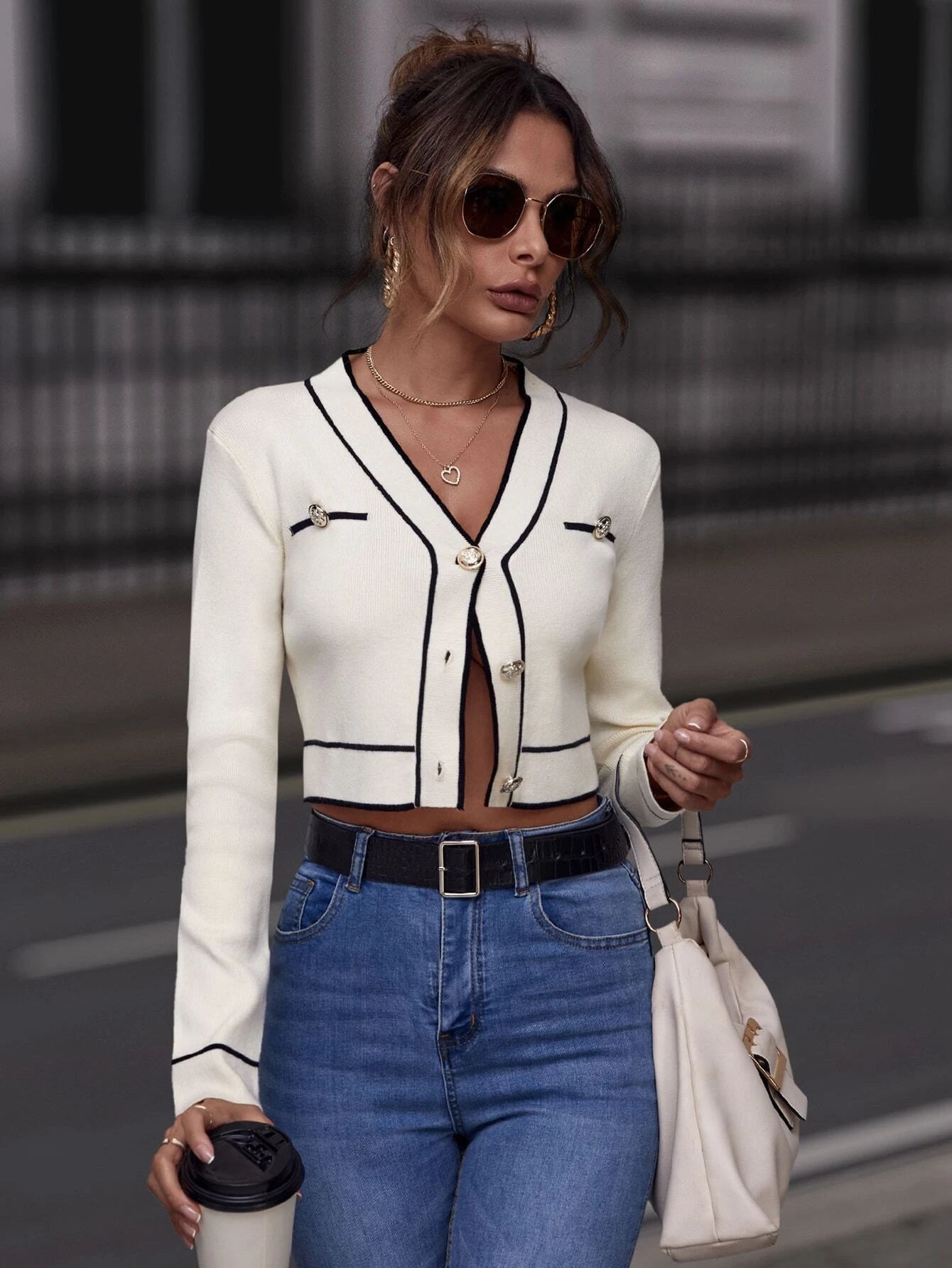  | SHEIN Clasi White Cardigan Contrast Binding Button Front Cardigan | Sweater | Shein | OneHub