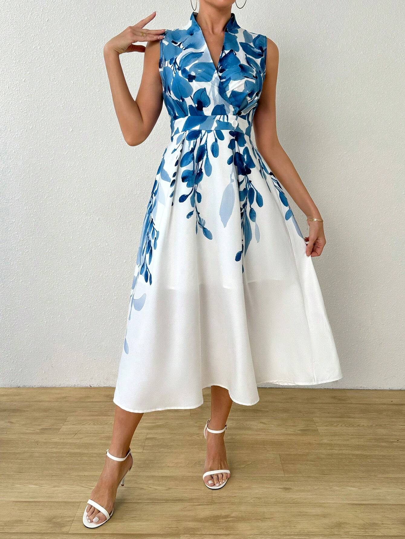  | SHEIN Clasi Women Summer Plant Printed V-Neck Sleeveless Elegant Long Dress With Overlapping Design | Dress | Shein | OneHub