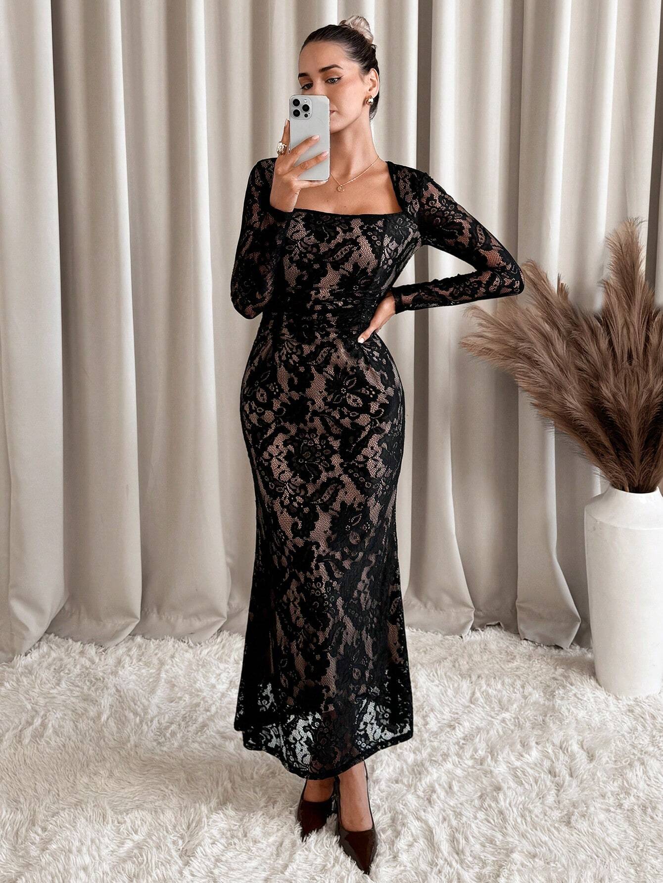 long sleeve dress shein Women Vintage Floral Print Long Sleeve Frill Trim Summer Maxi Dress