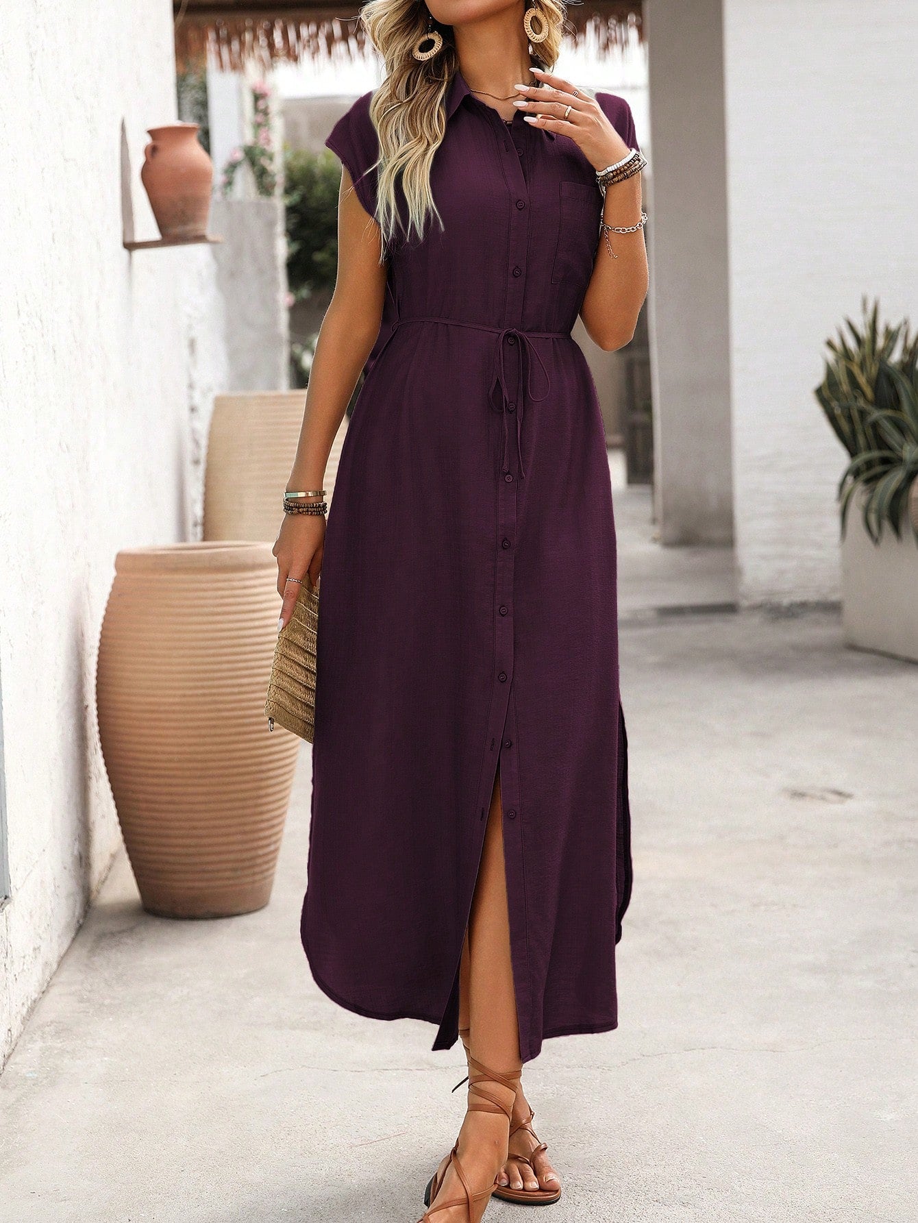 SHEIN Clasi Women's Solid Color Casual/Commute V-Neck Short Sleeve Midi Dress With Chest Pocket, Waist Belt, Bowknot, Side Slit, Dropped Shoulder