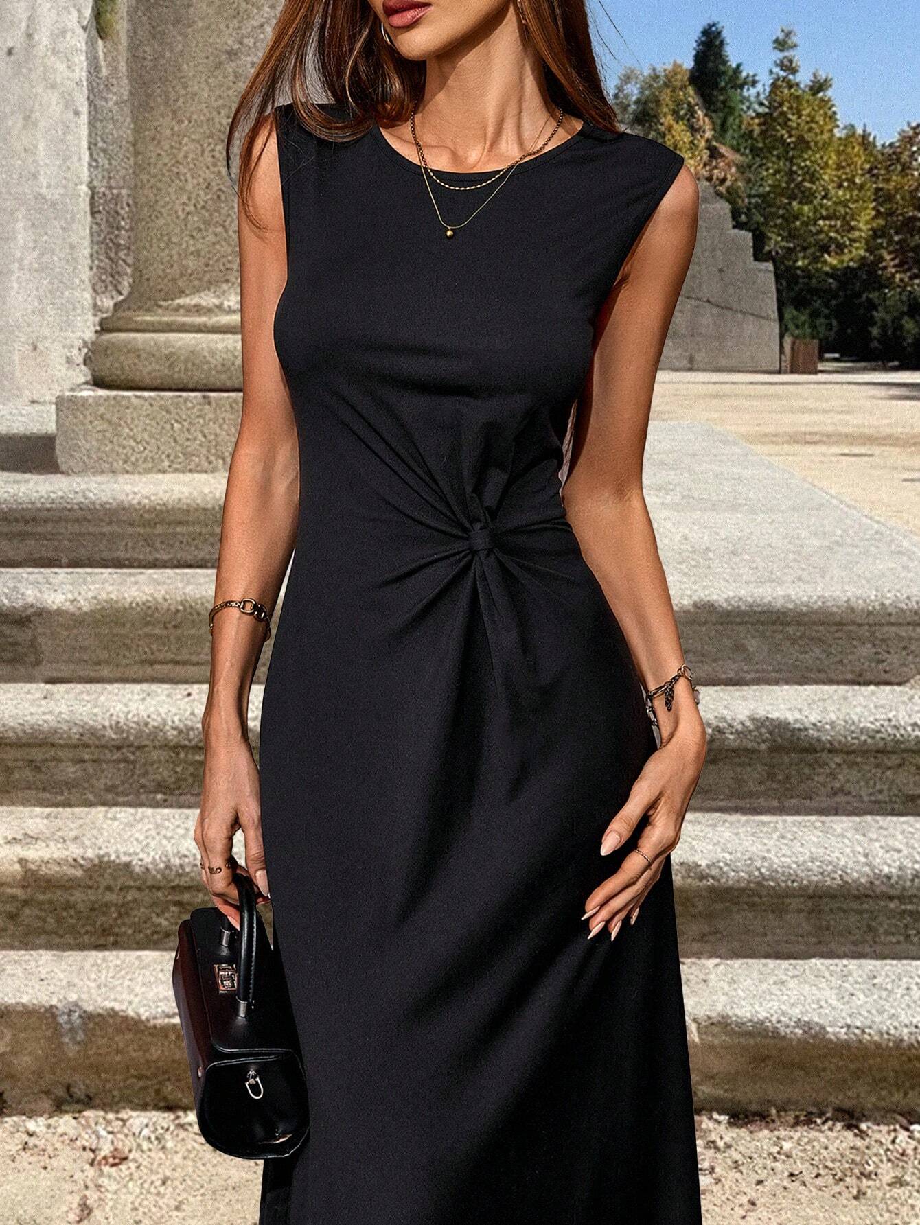  | SHEIN Clasi Women's Twist-Belt Black Casual Dress Maxi Women Outfi | Dress | Shein | OneHub