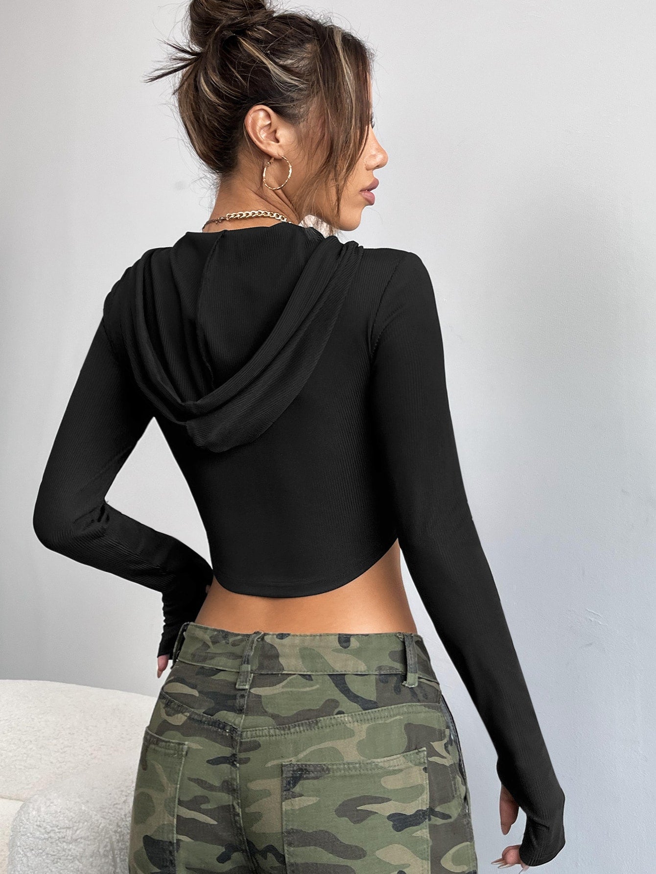  | SHEIN Coolane Ribbed Knit Zip Up Drawstring Hooded Crop Jacket | Jacket | Shein | OneHub