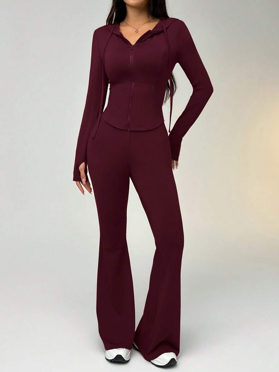  | SHEIN EZwear 1 Set Fitted Drawstring Hooded Crop Top & Flared Pants Sports Suit | Sports Set | Shein | OneHub