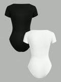  | SHEIN EZwear 2pcs/Set Square Collar Short Sleeve Simple Casual Bodysuit For Women | Top | Shein | OneHub