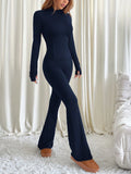 SHEIN EZwear 2pcs/Set Women Casual Long Sleeve Top And Flared Pants Suit, Navy Blue,Fall