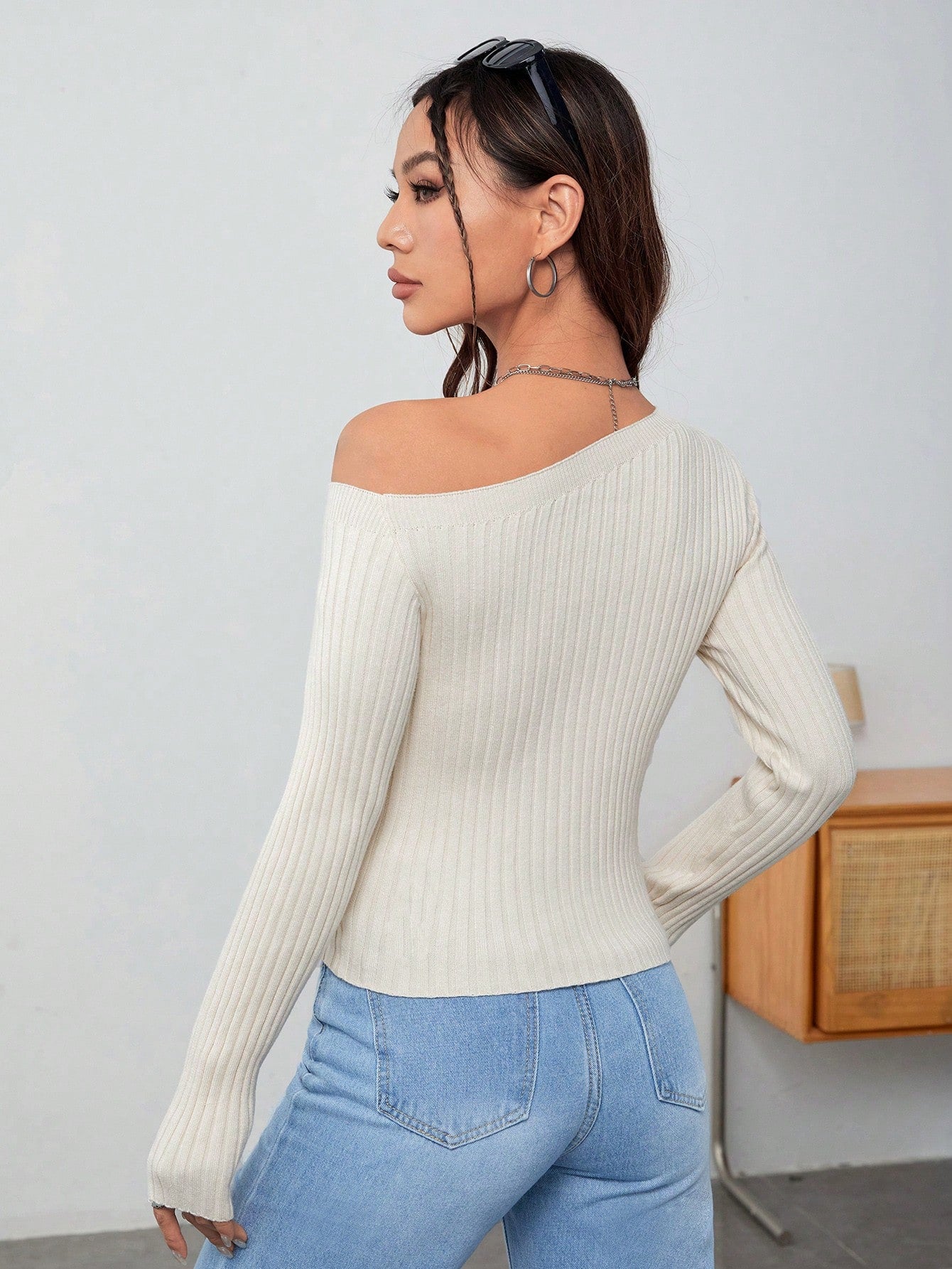  | SHEIN EZwear Asymmetrical Neck Ribbed Knit Sweater | Sweater | Shein | OneHub