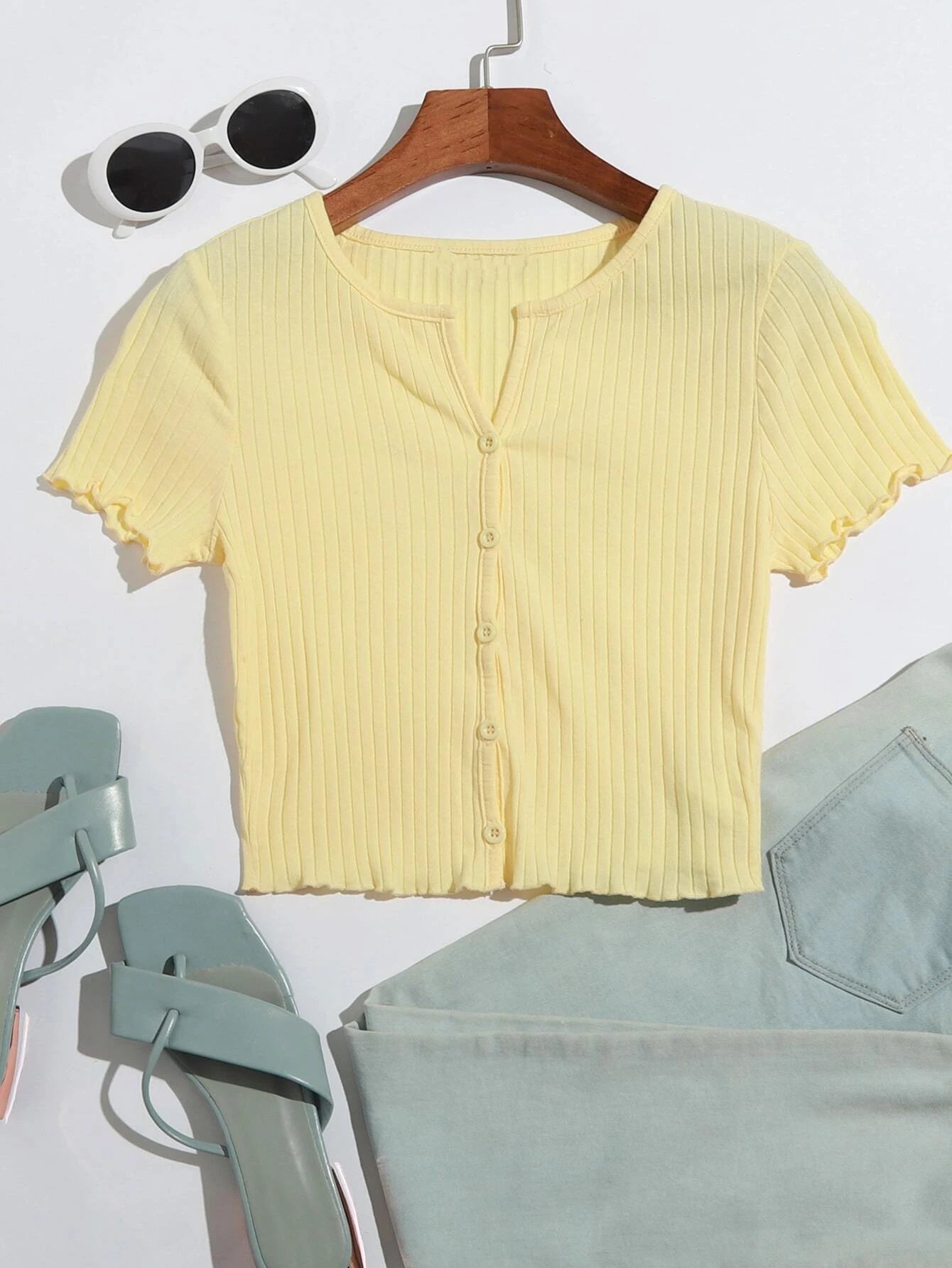  | SHEIN EZwear Button Front Lettuce Trim Crop Top | Top | Shein | OneHub