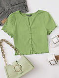 SHEIN EZwear Button Front Lettuce Trim Rib-knit Tee