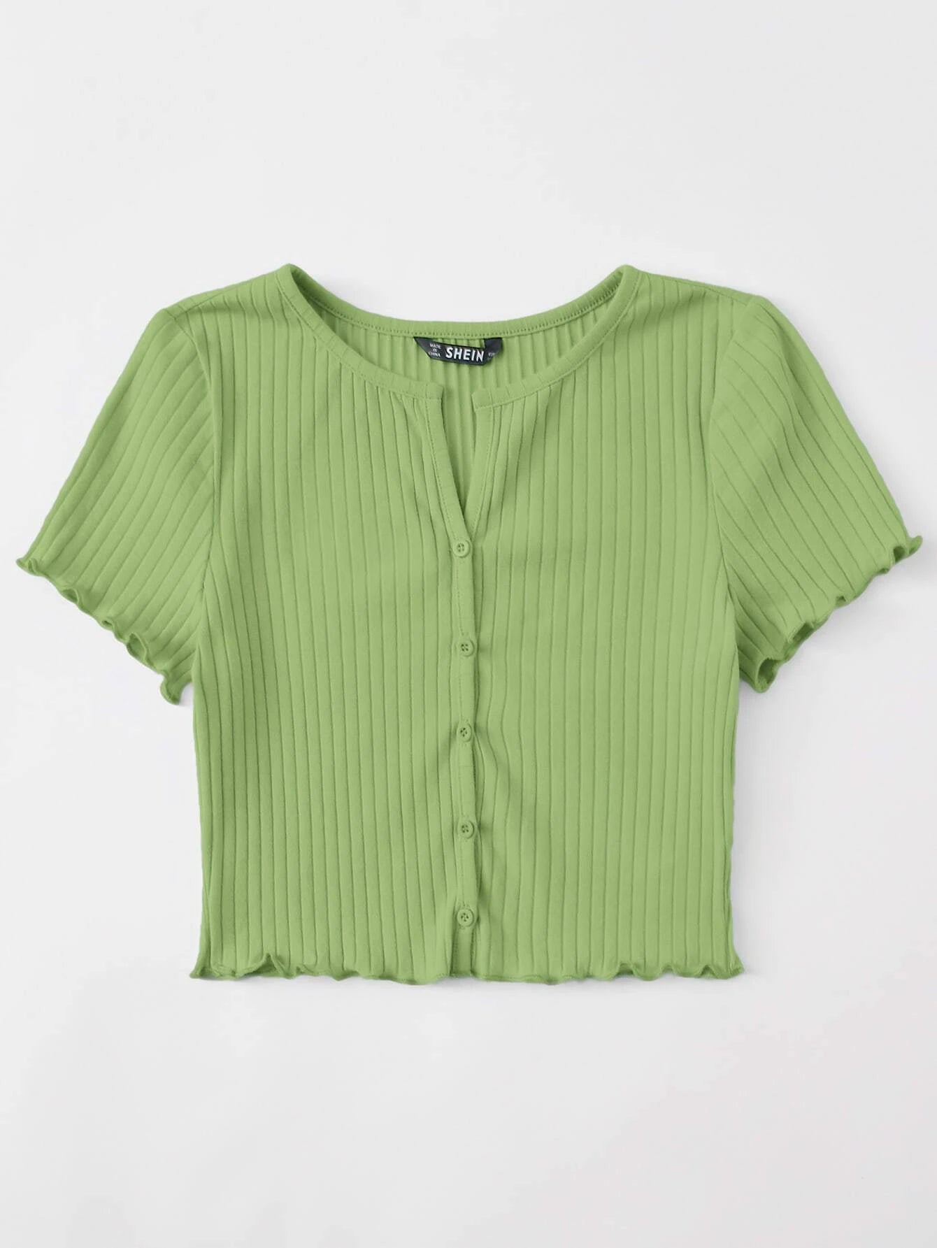  | SHEIN EZwear Button Front Lettuce Trim Rib-knit Tee | Top | Shein | OneHub