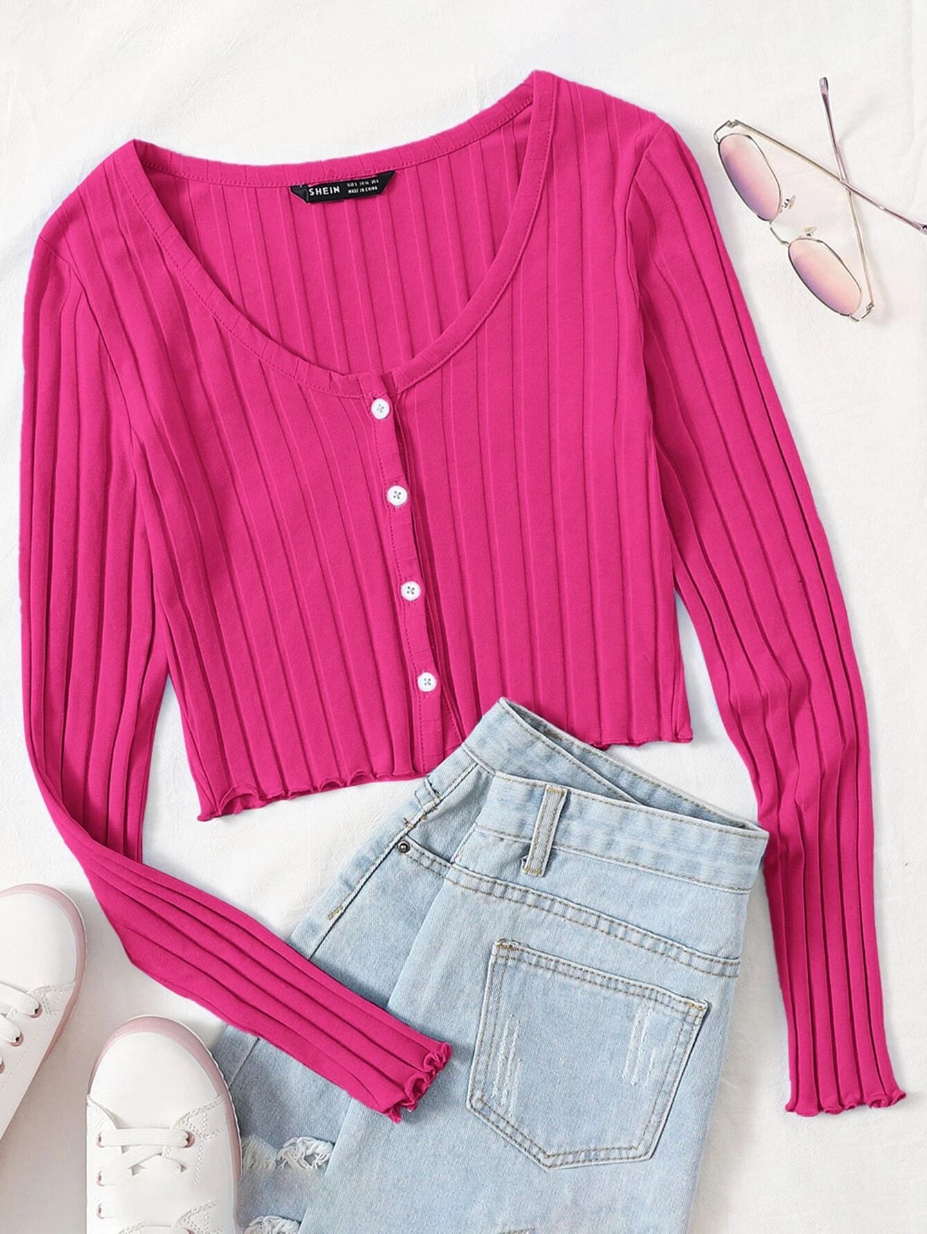  | SHEIN EZwear Buttoned Front Lettuce Trim Rib-knit Top | Top | Shein | OneHub