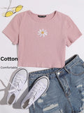  | SHEIN EZwear Daisy Embroidered Rib-knit Tee | Top | Shein | OneHub