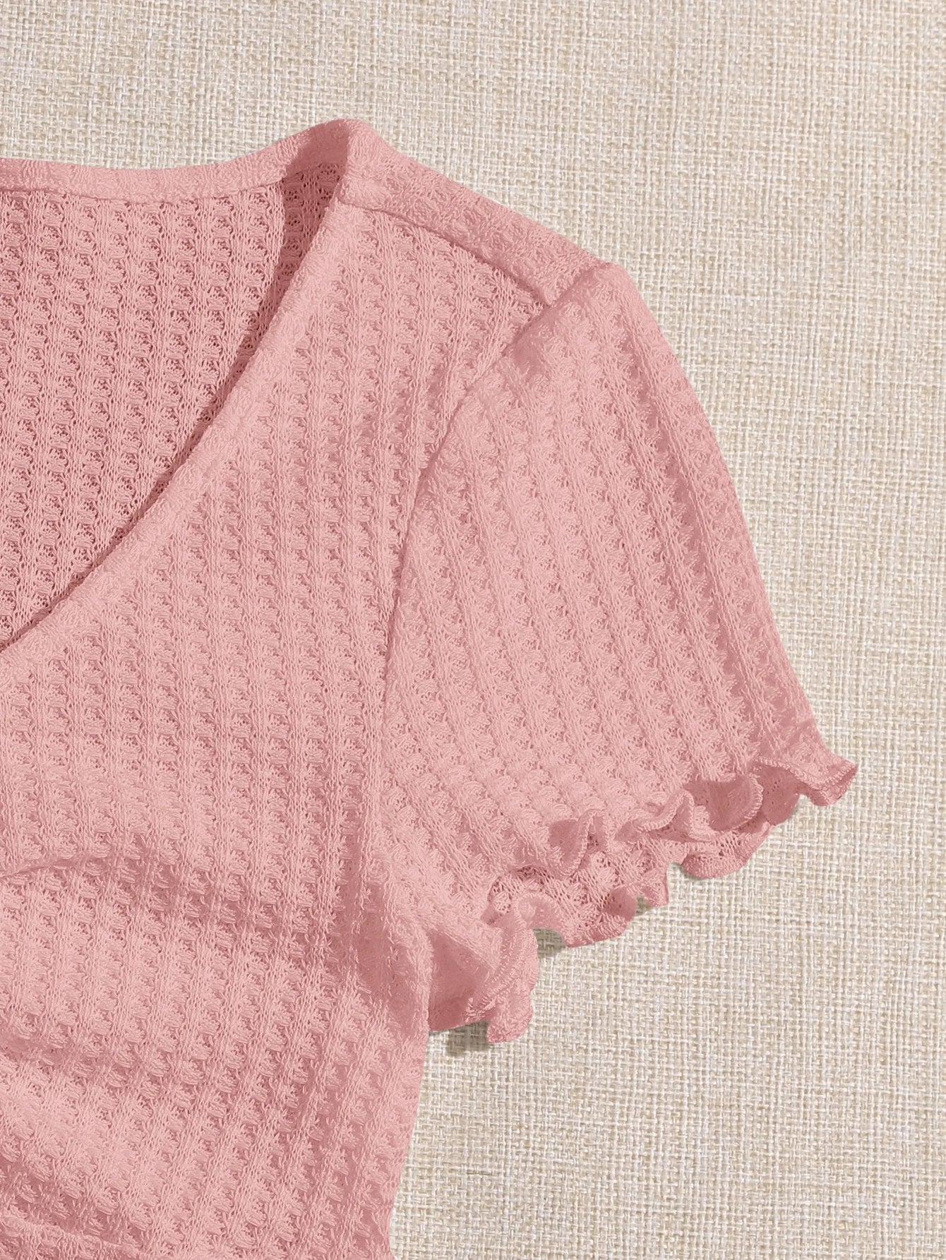  | SHEIN EZwear Lettuce Trim Knot Front Waffle Knit Wavy Edge V-Neck Short Sleeves Tee | Top | Shein | OneHub