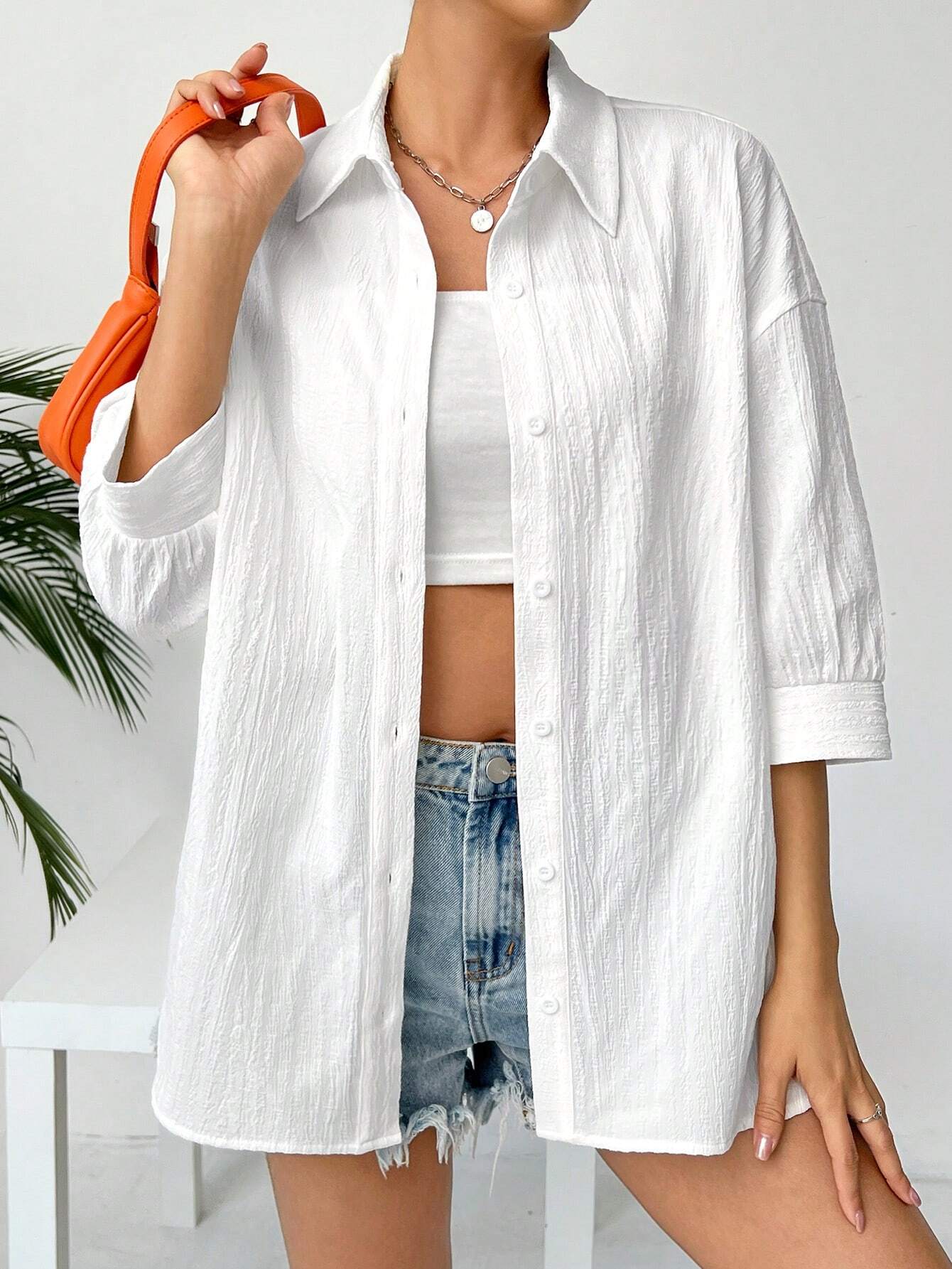  | SHEIN EZwear Linen Solid Drop Shoulder Button Front Beach Shirt | Blouse | Shein | OneHub