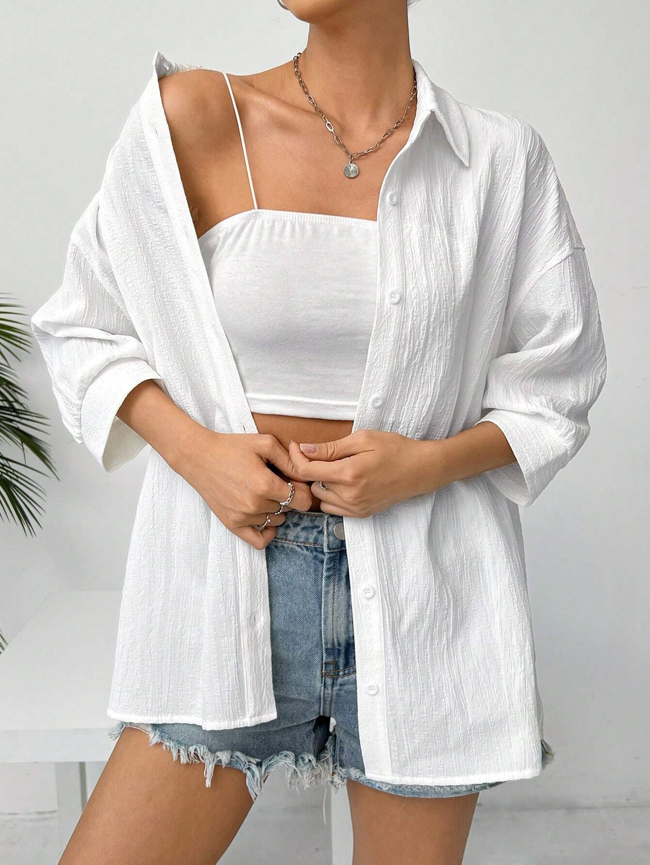  | SHEIN EZwear Linen Solid Drop Shoulder Button Front Beach Shirt | Blouse | Shein | OneHub
