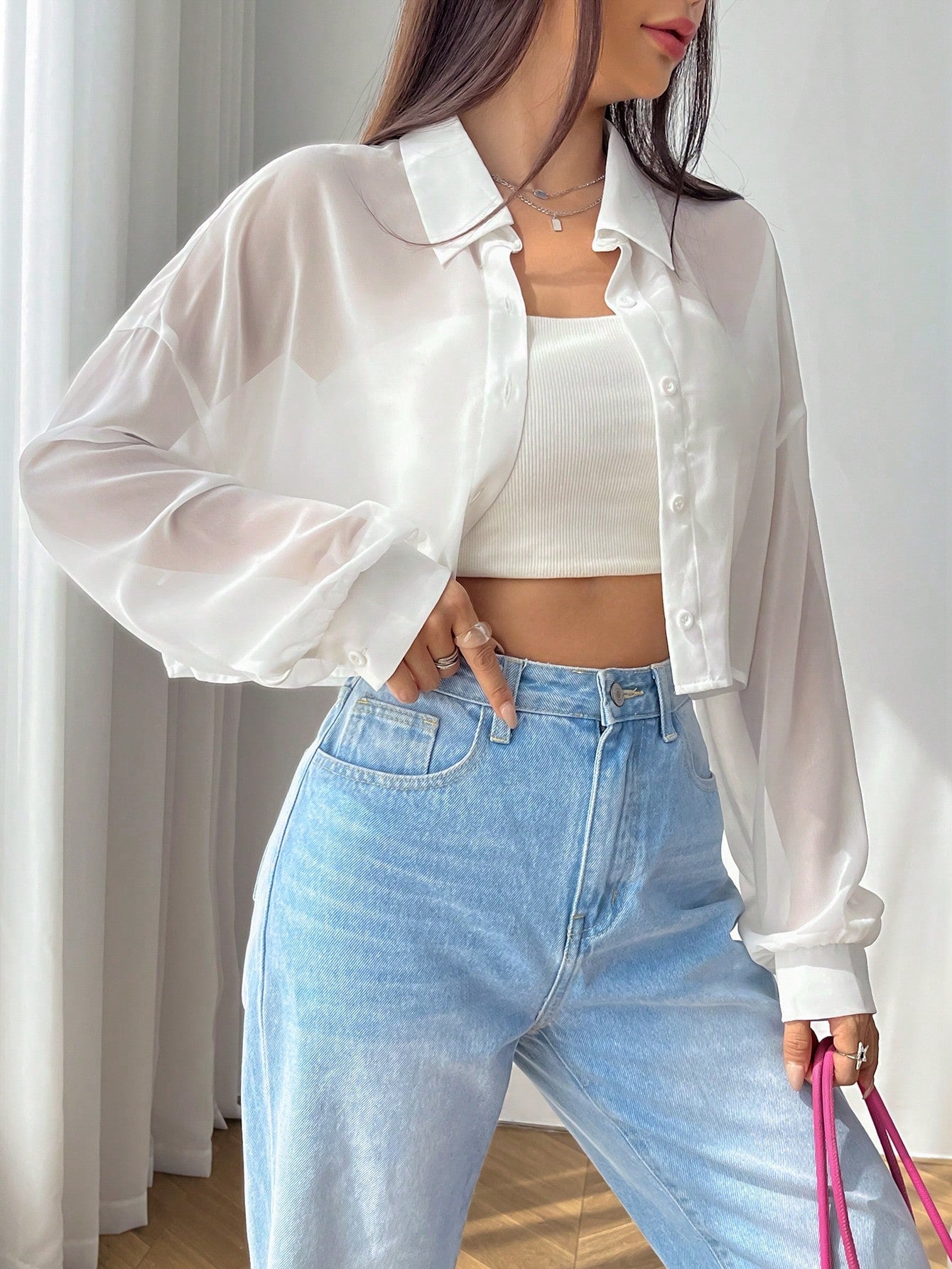 SHEIN EZwear Solid Drop Shoulder Button Front Shirt