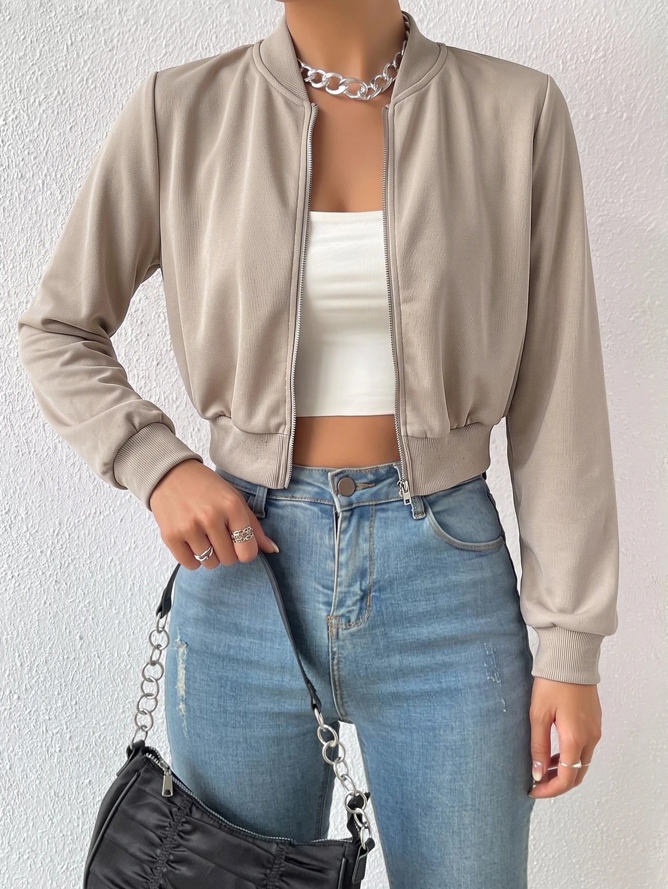 SHEIN EZwear Spring ClothesSolid Zip Up Crop Bomber Jacket