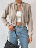 SHEIN EZwear Spring ClothesSolid Zip Up Crop Bomber Jacket