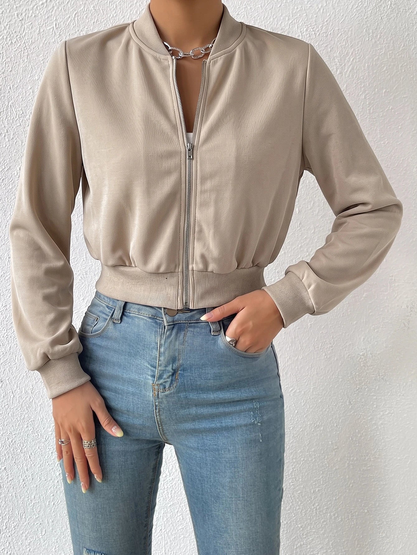 SHEIN EZwear Spring ClothesSolid Zip Up Crop Bomber Jacket