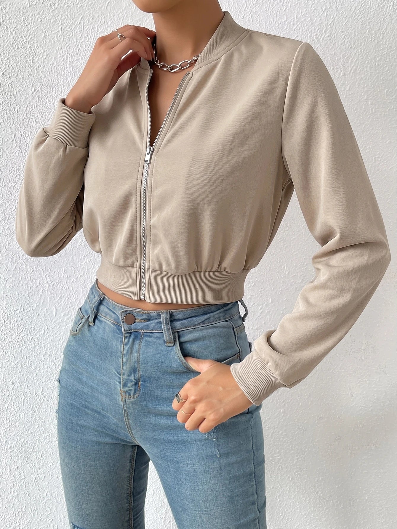 SHEIN EZwear Spring ClothesSolid Zip Up Crop Bomber Jacket