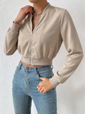 SHEIN EZwear Spring ClothesSolid Zip Up Crop Bomber Jacket