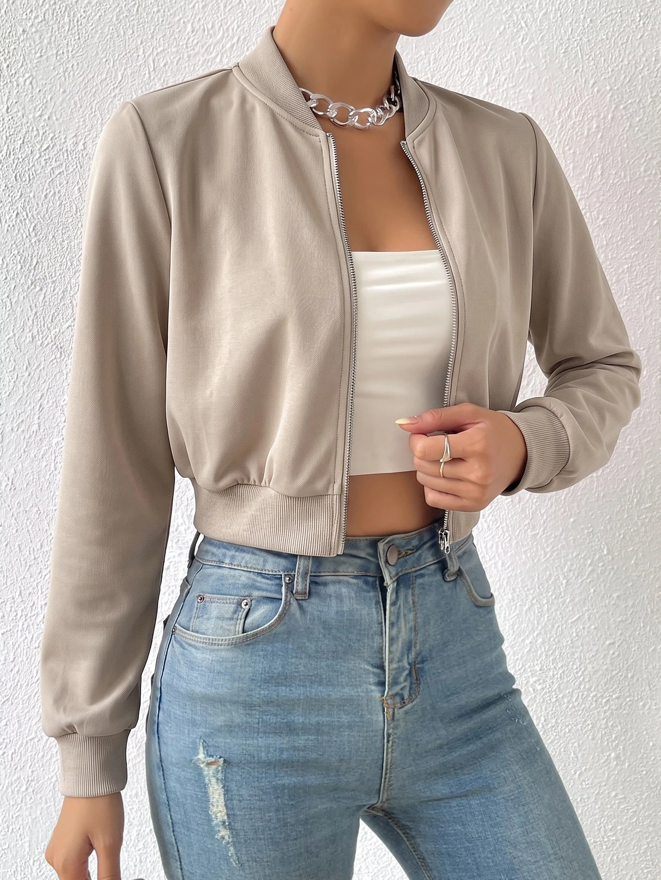 SHEIN EZwear Spring ClothesSolid Zip Up Crop Bomber Jacket