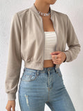 SHEIN EZwear Spring ClothesSolid Zip Up Crop Bomber Jacket