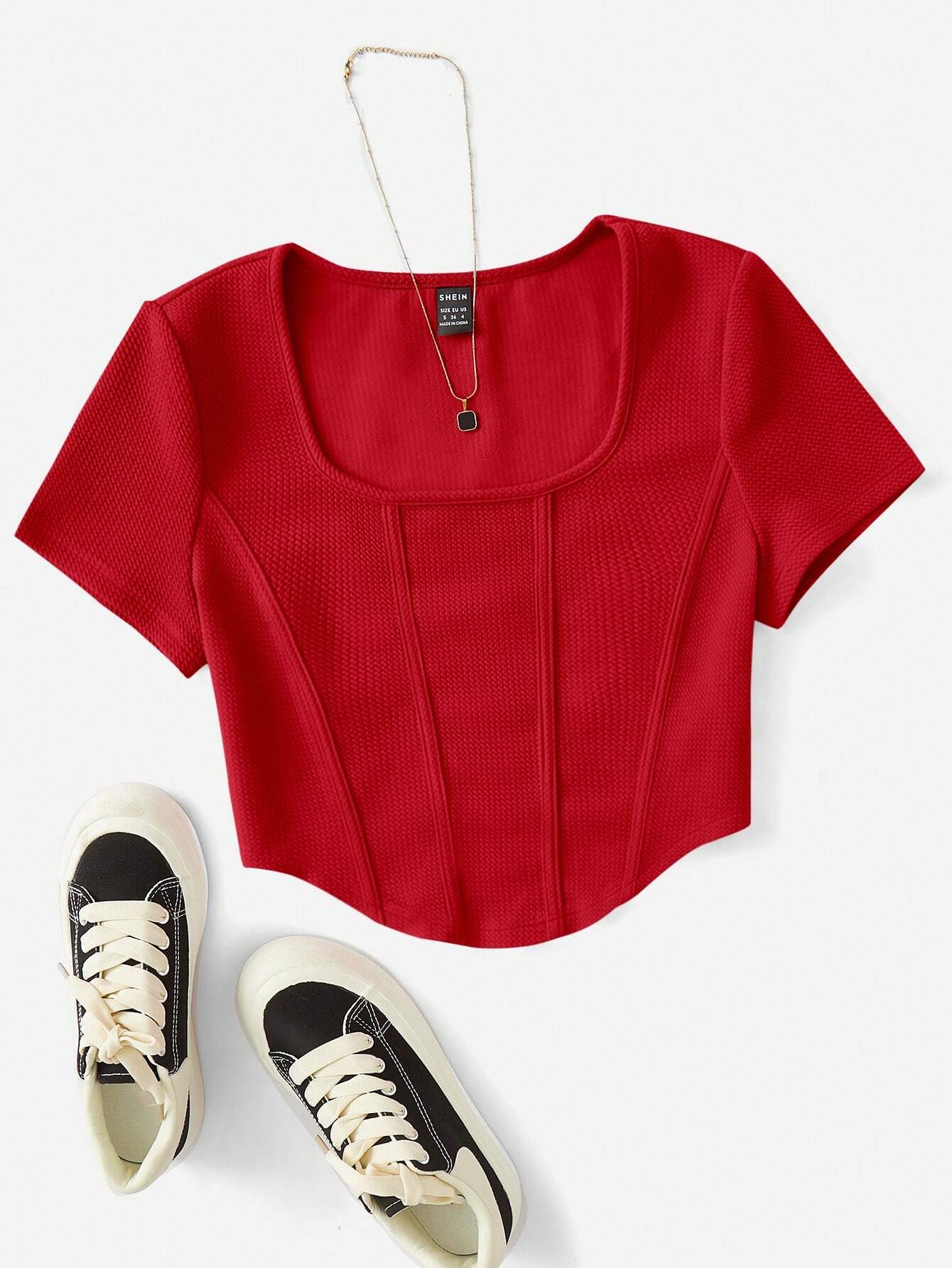  | SHEIN EZwear Square Neck Seam Front Curved Hem Crop Tee | Sweater | Shein | OneHub