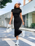 SHEIN EZwear Summer Solid Blcak Mock Neck Short Sleeves Slit Bodycon Dress