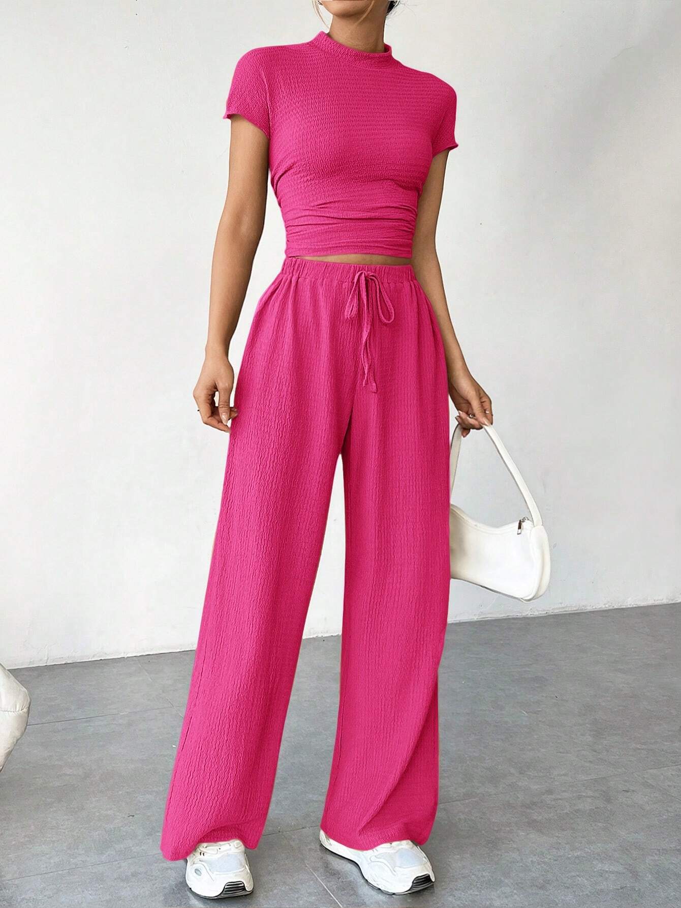  | SHEIN EZwear Women Summer Slim Fit Short Sleeve Stand Collar Pleated T-Shirt And Wide-Leg Loose Casual Pants Two-Piece Set | Top and Pant Set | Shein | OneHub