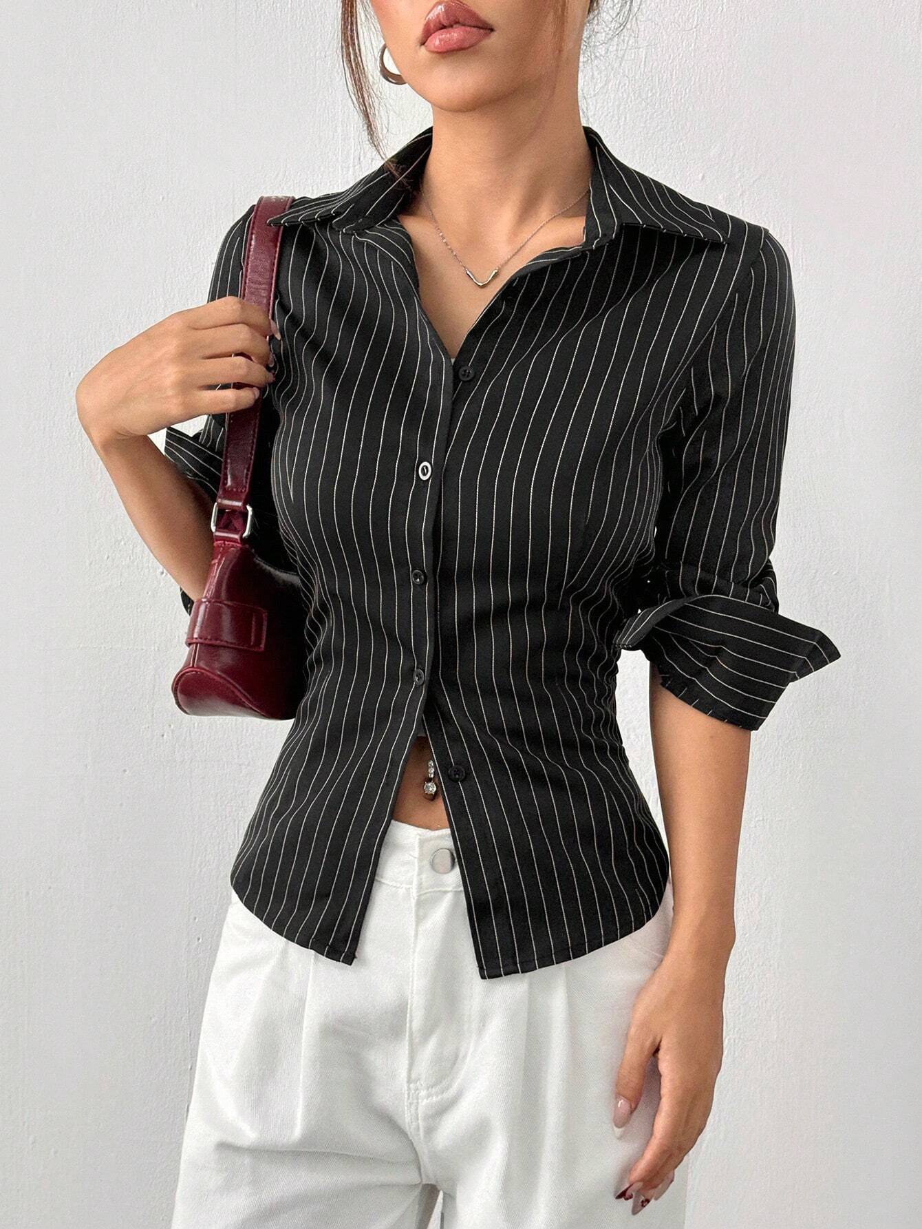  | SHEIN EZwear Women's Black & White Striped Woven Shirt | Top | Shein | OneHub