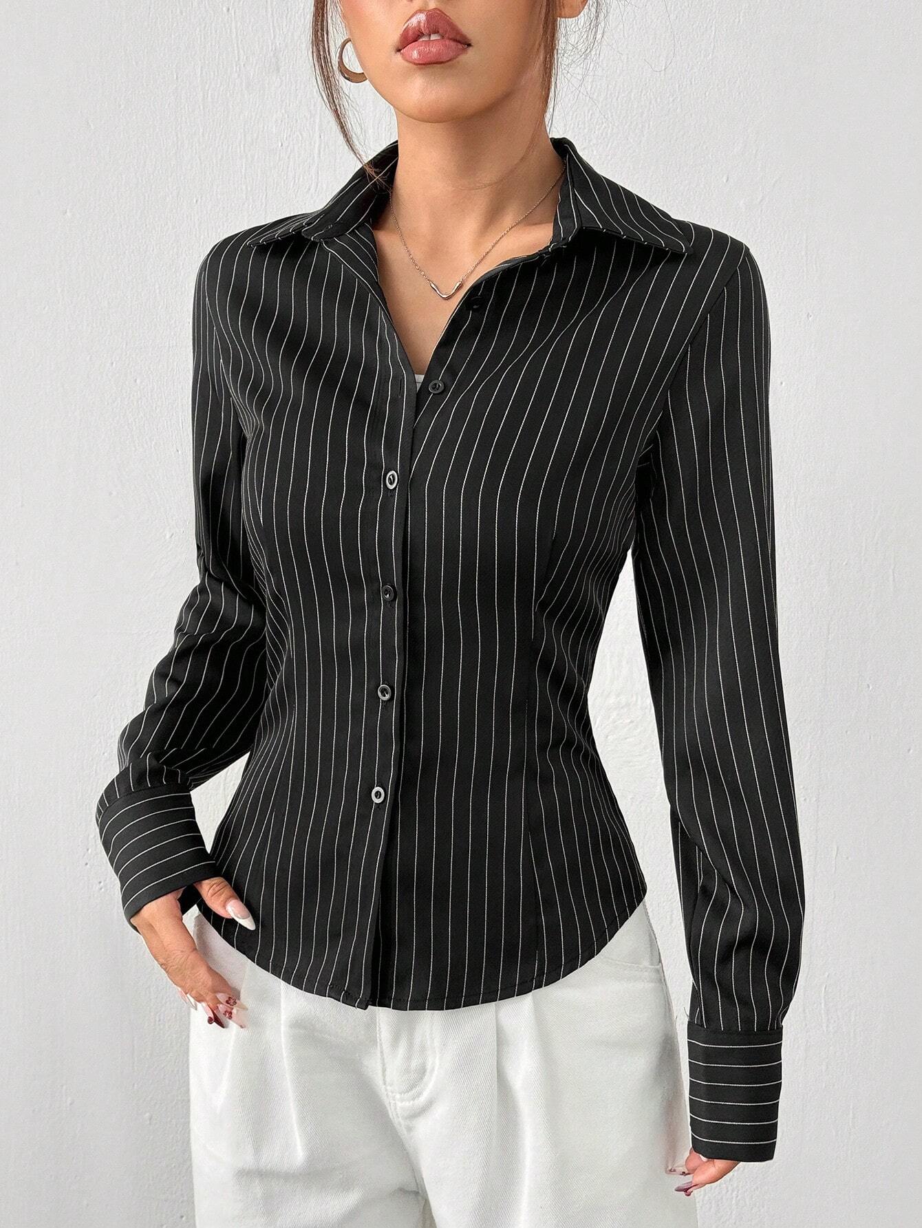  | SHEIN EZwear Women's Black & White Striped Woven Shirt | Top | Shein | OneHub