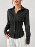  | SHEIN EZwear Women's Black & White Striped Woven Shirt | Top | Shein | OneHub