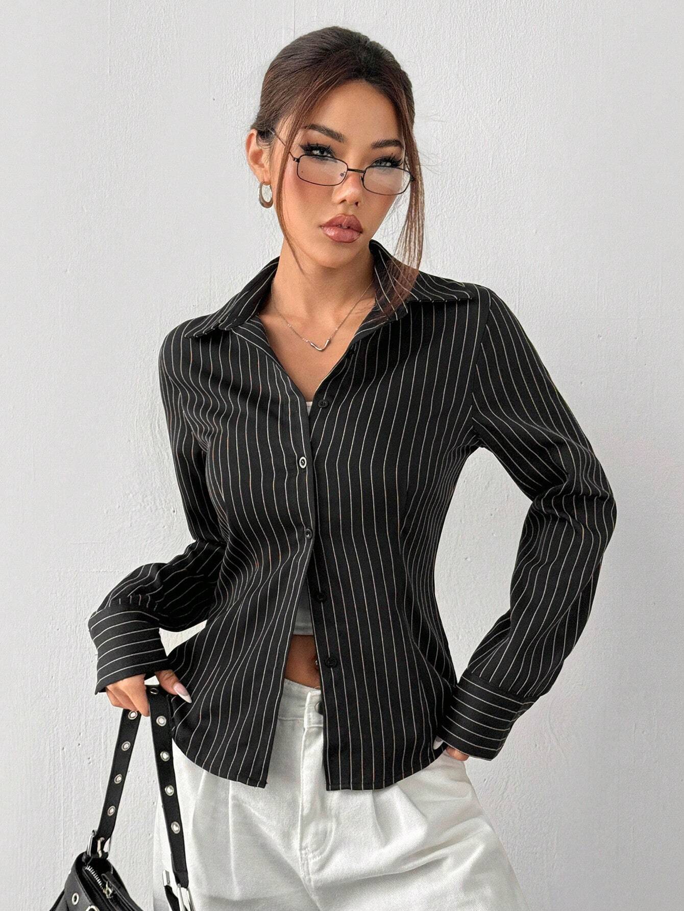  | SHEIN EZwear Women's Black & White Striped Woven Shirt | Top | Shein | OneHub
