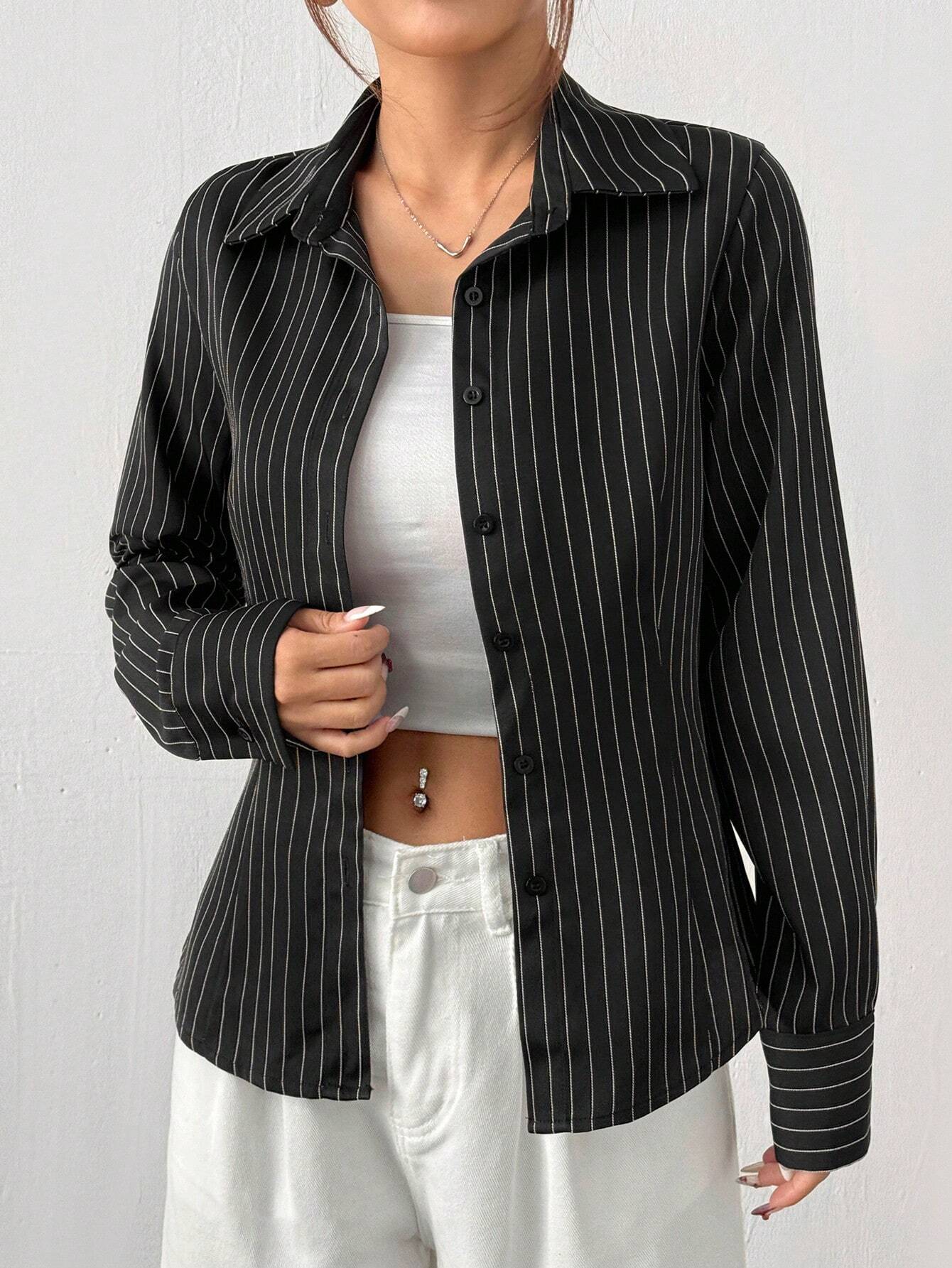  | SHEIN EZwear Women's Black & White Striped Woven Shirt | Top | Shein | OneHub