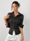  | SHEIN EZwear Women's Black & White Striped Woven Shirt | Top | Shein | OneHub