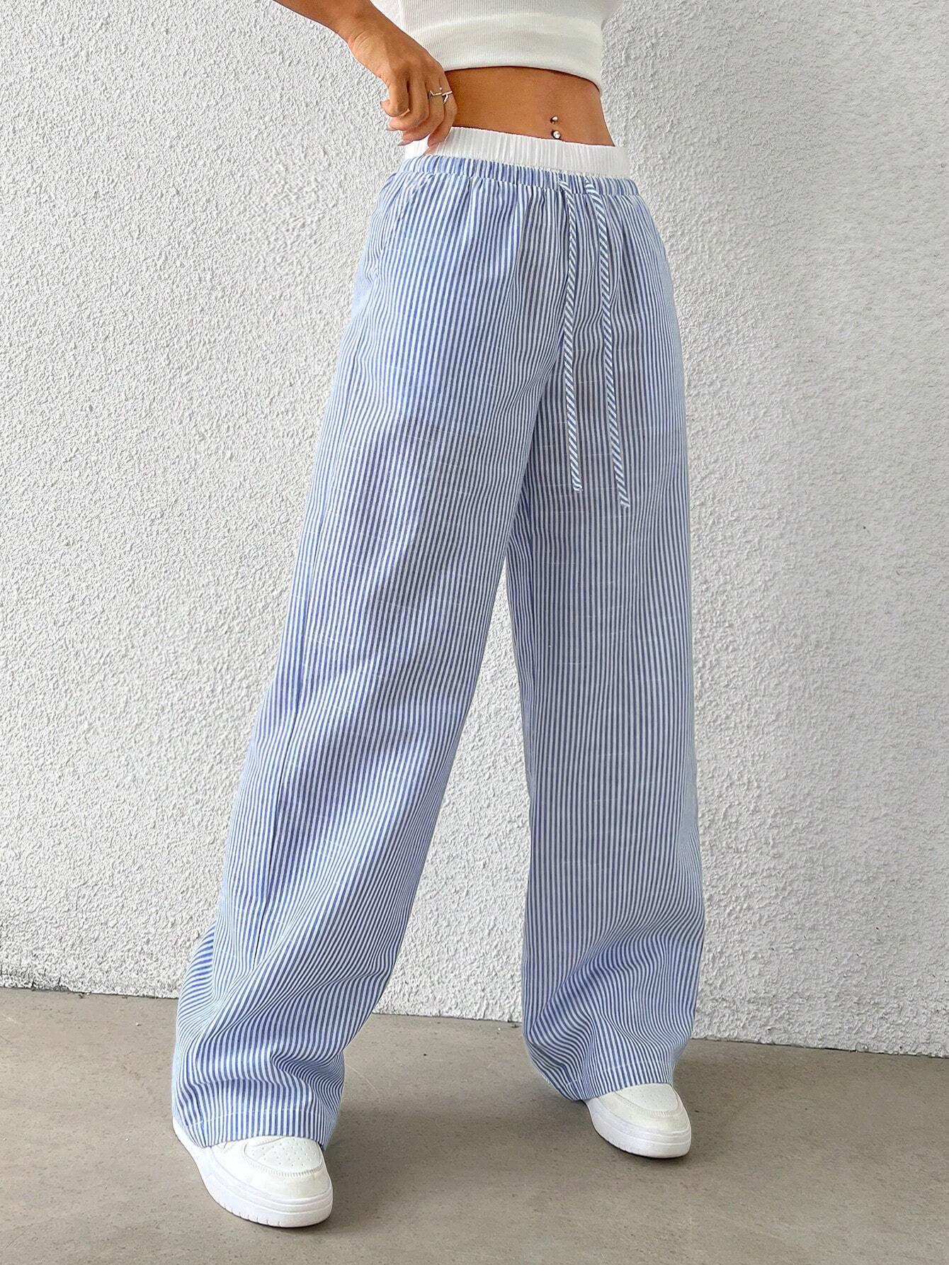  | SHEIN EZwear Women's Casual Blue Striped Woven Wide Leg Pants With Loose Fit | Pants | Shein | OneHub