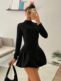 SHEIN EZwear Women's New High Neck Pleated Slim Fit Flower Hem Dress,Perfect For Back To School