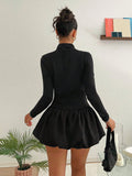 SHEIN EZwear Women's New High Neck Pleated Slim Fit Flower Hem Dress,Perfect For Back To School