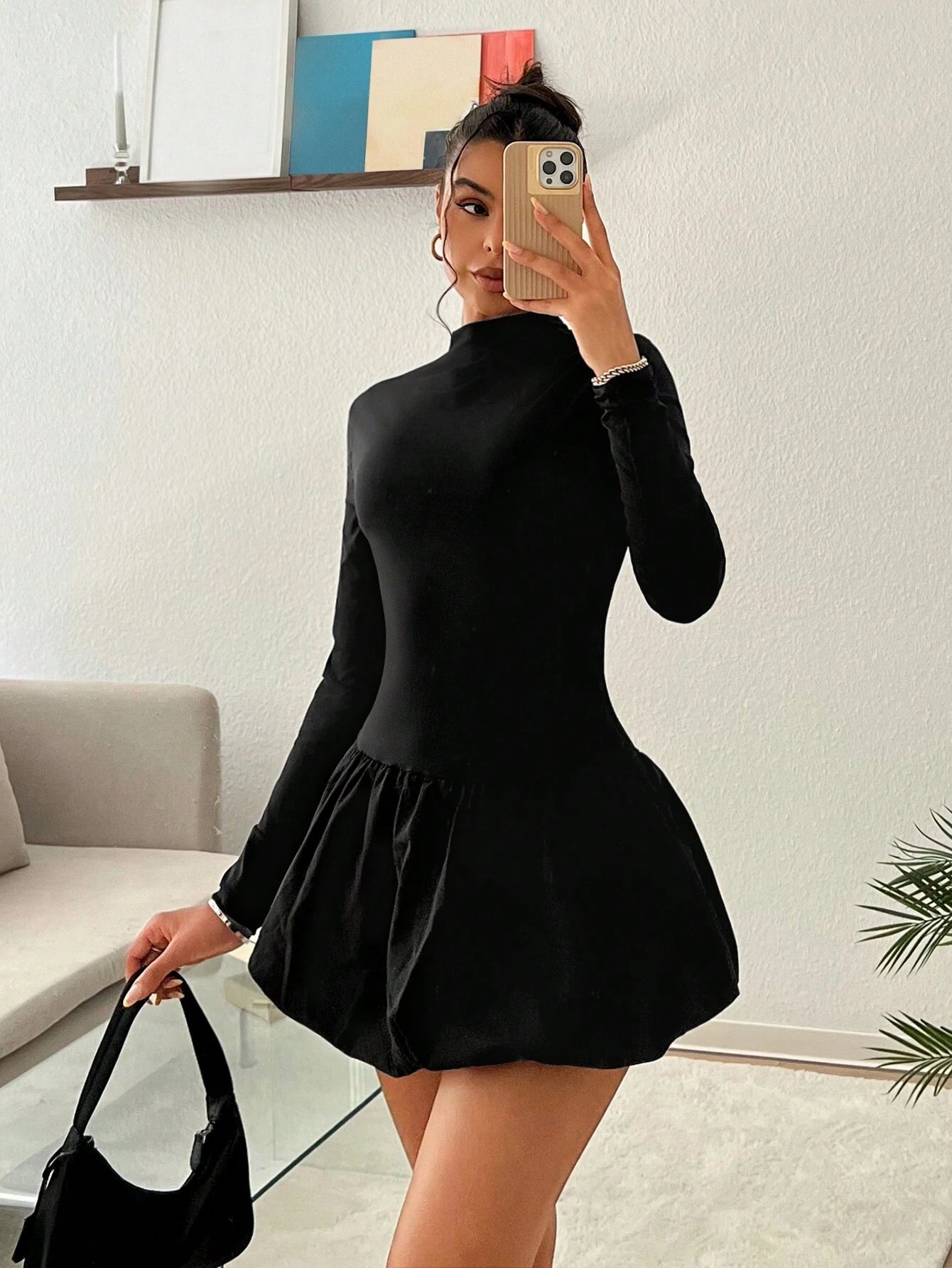 SHEIN EZwear Women's New High Neck Pleated Slim Fit Flower Hem Dress,Perfect For Back To School