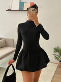 SHEIN EZwear Women's New High Neck Pleated Slim Fit Flower Hem Dress,Perfect For Back To School