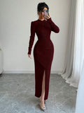 SHEIN Elenzya Plain Color Pleated Stand Collar Split Hem Long Sleeve Dress