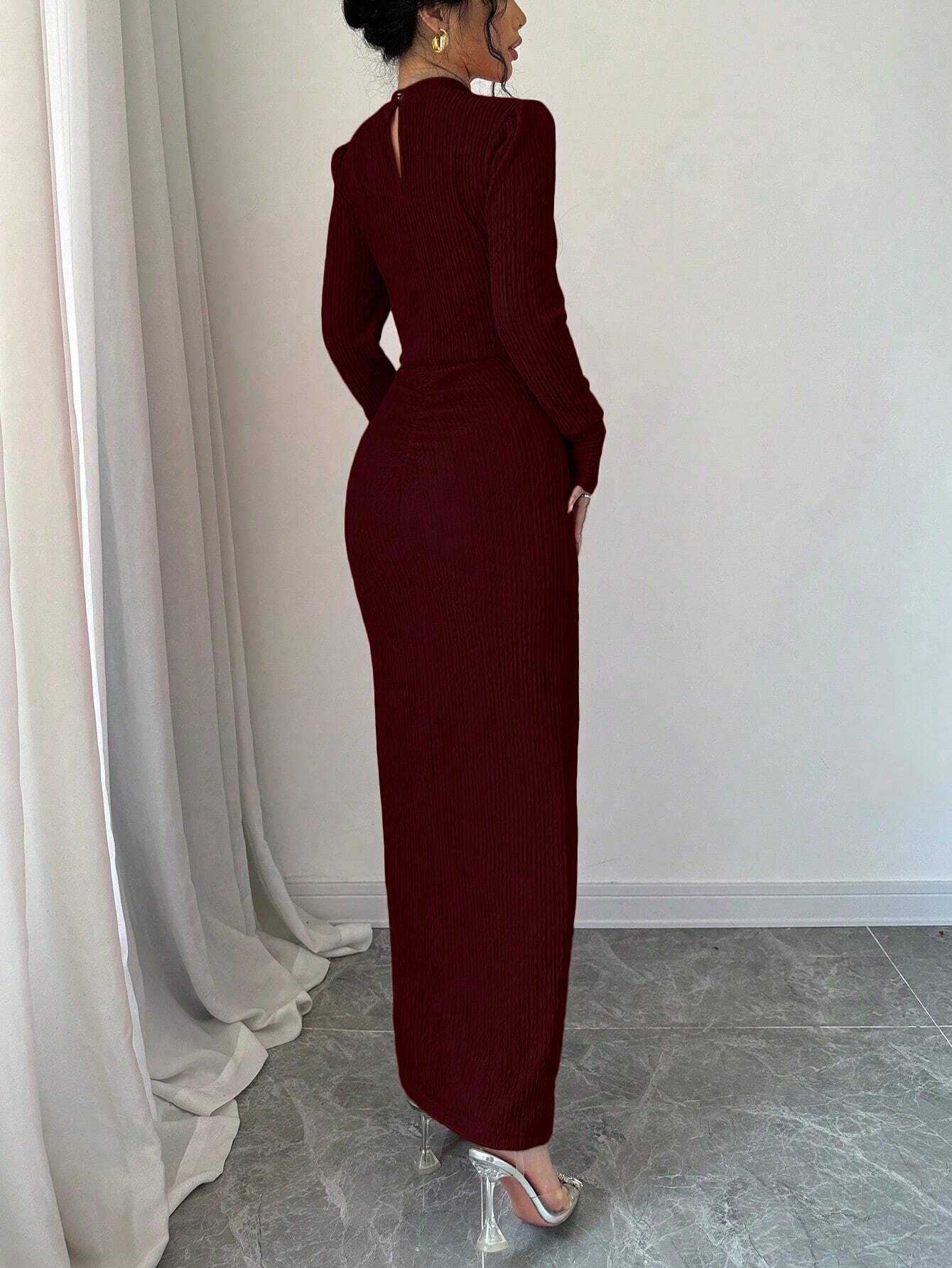  | SHEIN Elenzya Plain Color Pleated Stand Collar Split Hem Long Sleeve Dress | Dress | Shein | OneHub