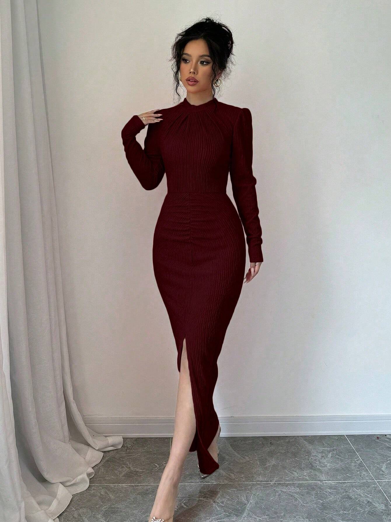  | SHEIN Elenzya Plain Color Pleated Stand Collar Split Hem Long Sleeve Dress | Dress | Shein | OneHub