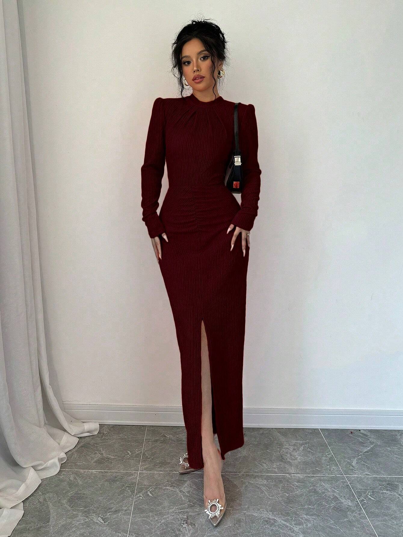  | SHEIN Elenzya Plain Color Pleated Stand Collar Split Hem Long Sleeve Dress | Dress | Shein | OneHub