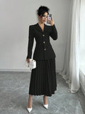 SHEIN Elenzya Women Plain Front Button Long Sleeve Blazer And A-Line Pleated Skirt Suit Set