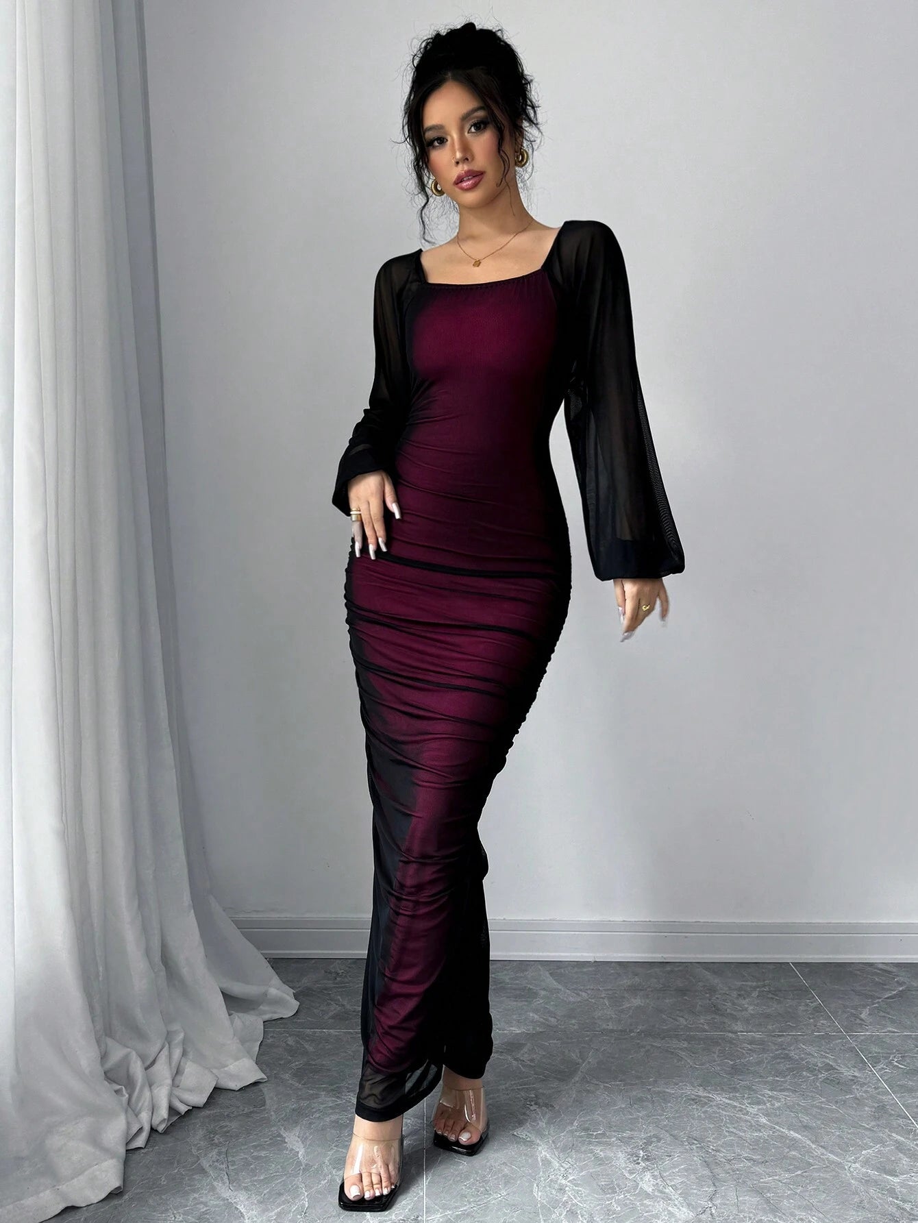 shein women's elegant mesh contrast bishop sleeve bodycon pencil dress SheIn Women's Elegant Mesh Contrast Bishop Sleeve Oman