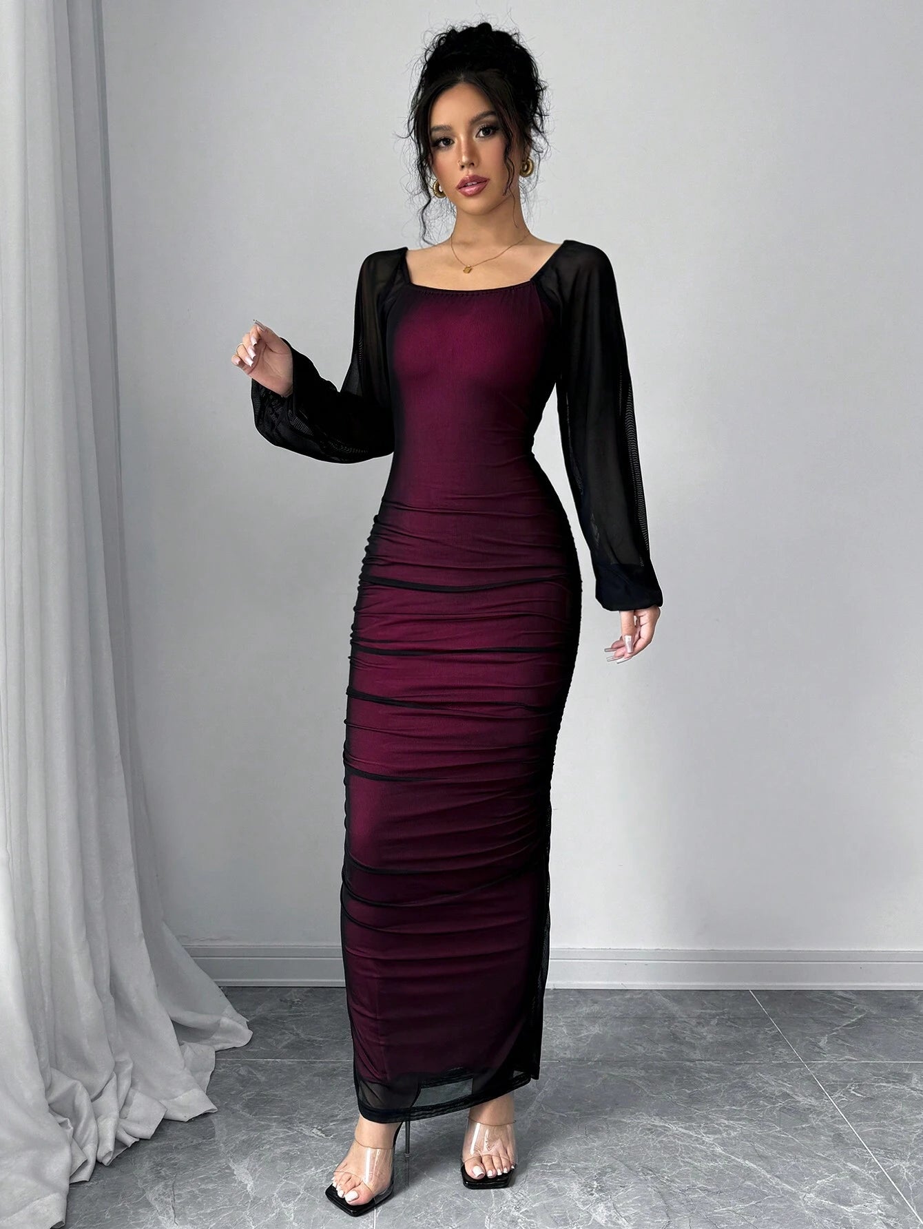 shein women's elegant mesh contrast bishop sleeve bodycon pencil dress Contrast Sheer Mesh Sleeve Bodycon Dress