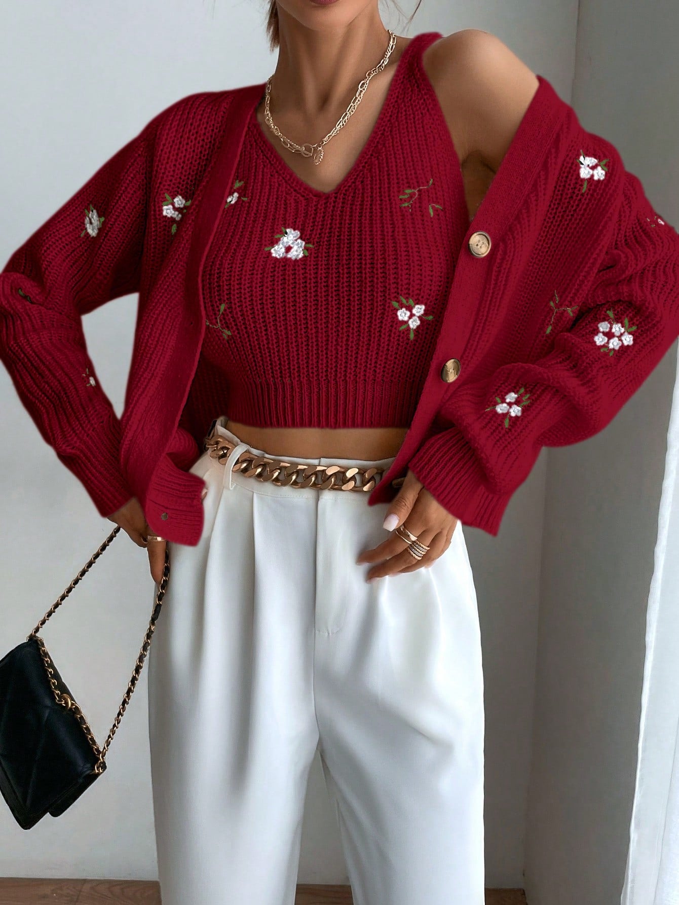  | SHEIN Essnce Floral Embroidery Cardigan & Knit Top | Sweater | Shein | OneHub