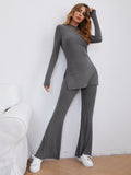 SHEIN Essnce Mock-neck Split Side Rib-knit Tee and Flare Leg Pants Set